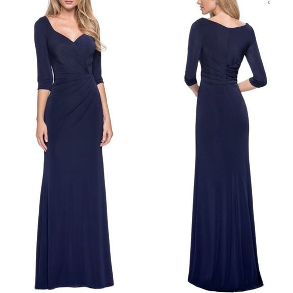 La Femme Dresses & Skirts - NWT La Femme 26955 Full Length Draped Ruched Bodice 3/4 Sleeve Gown in Navy 6